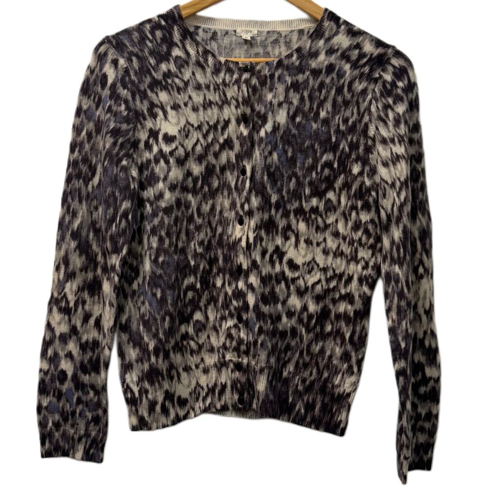 J-Crew Marino wool button down cardigan in grey and blue leopard print size M